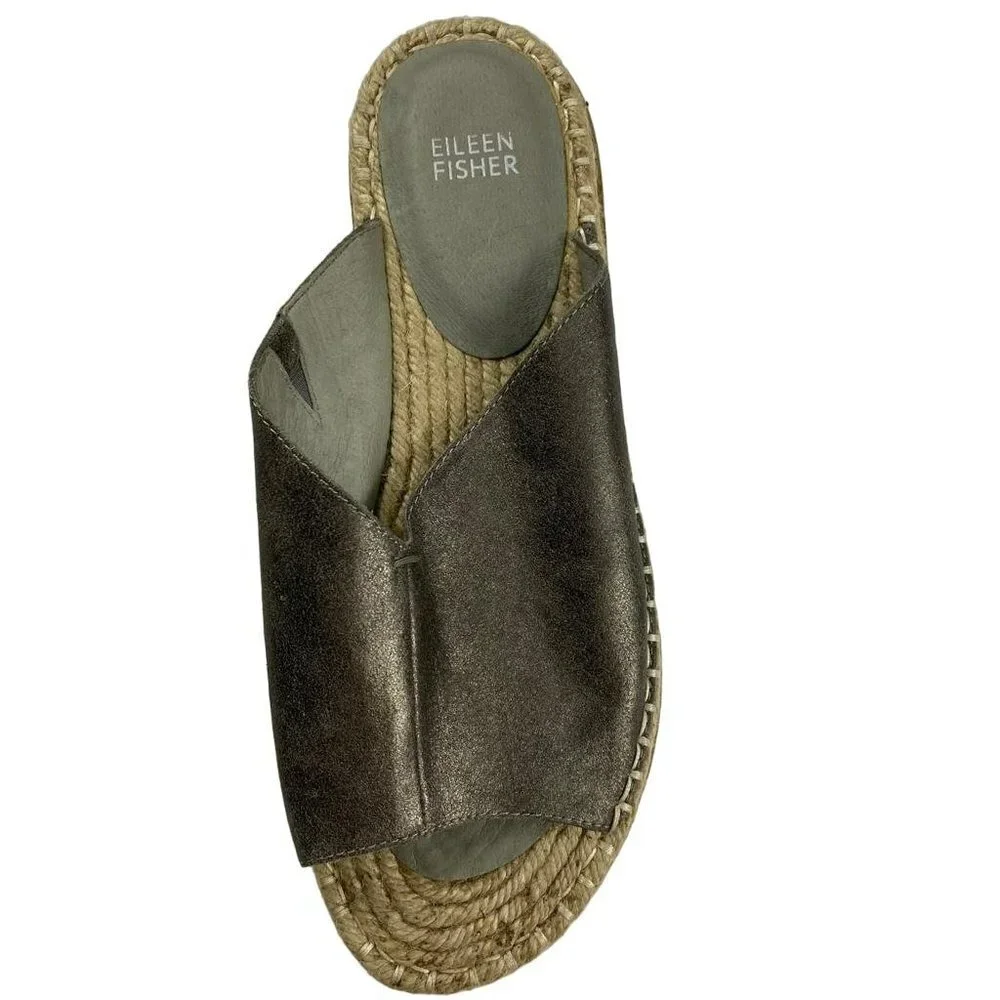 Eileen Fisher Metallic Pewter Milly Mule Espadrille Leather‎ Open Toe Sandals 10